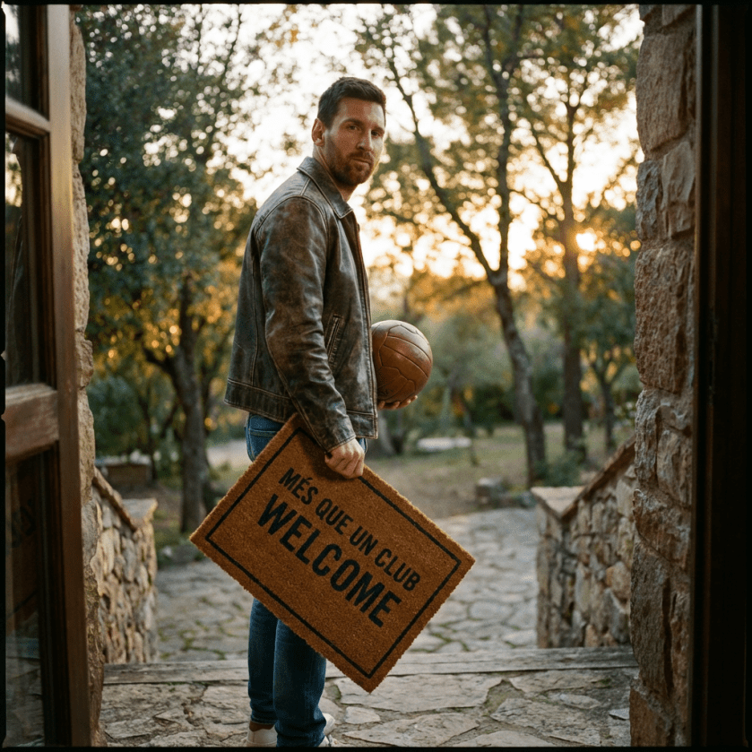 Man holding vintage football and doormat reading 'MÉS QUE UN CLUB WELCOME' at stone outdoor entrance