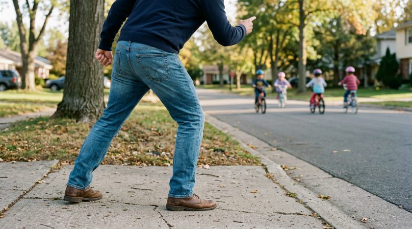 Bottom half man yelling at distant biking kids