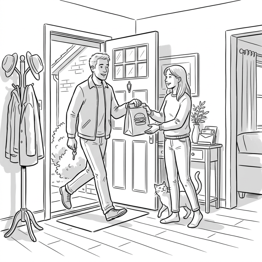 Man handing a food delivery bag with a burger logo to a woman at the front door, with a cat nearby inside a home
