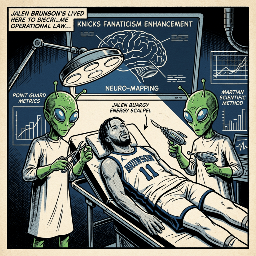 Two aliens examining a basketball player lying on a table with scientific instruments and brain mapping displays