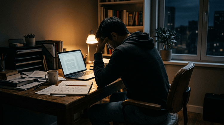 A person sitting at a desk in a dimly lit room, looking stressed while working on a laptop surrounded by papers and a coffee mug.