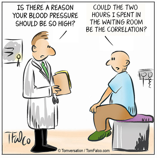 A cartoon depicting a doctor questioning a patient about high blood pressure. The doctor holds a clipboard, while the patient, sitting on an examination table, humorously suggests that the long wait time may be the cause.